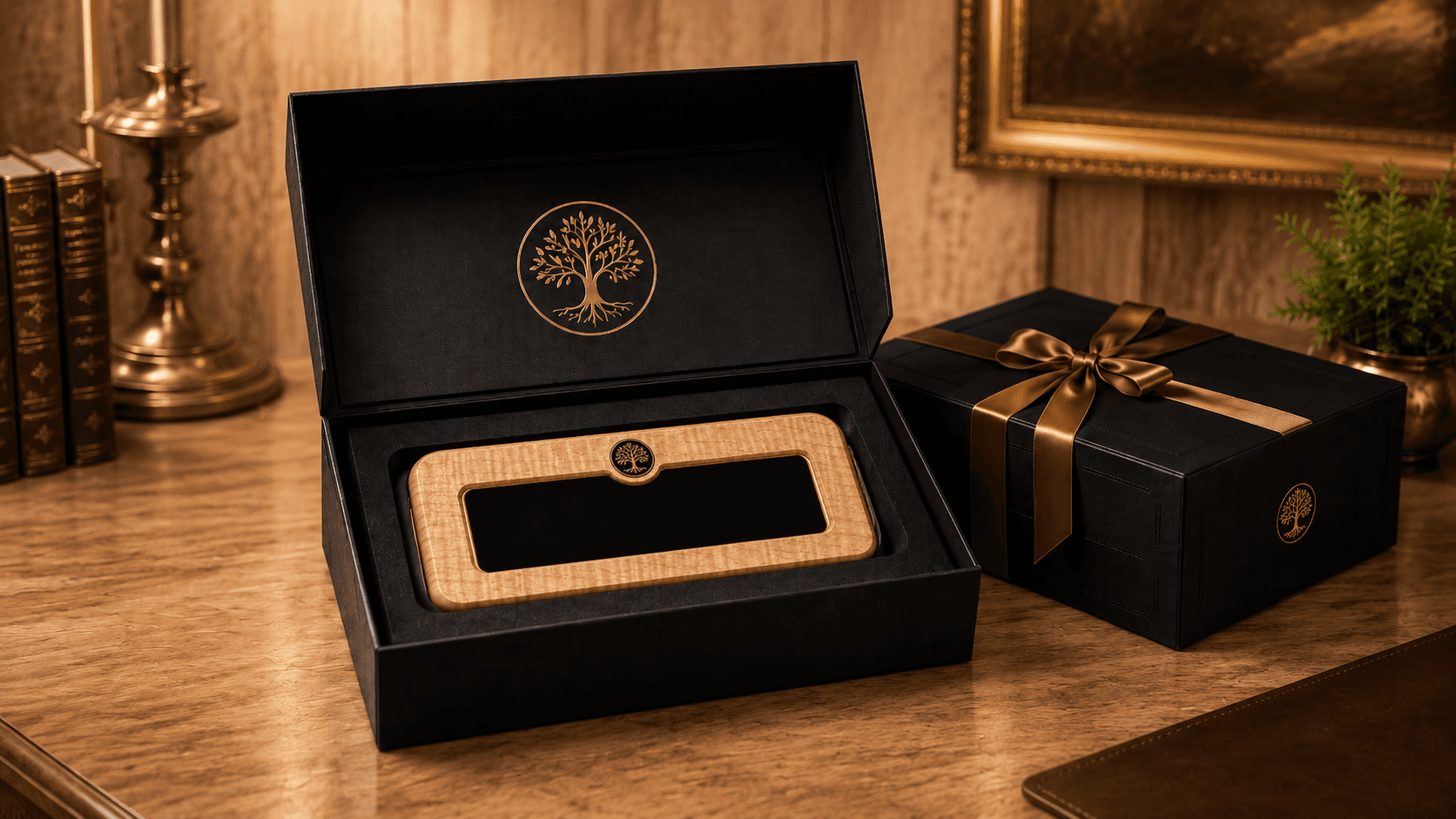 Curly maple Arbor & Brass Launch Edition displayed in its presentation box with gift packaging.